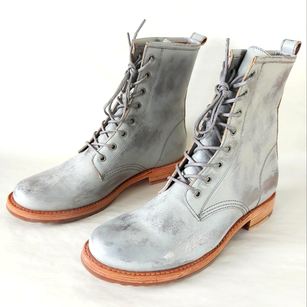 Frye Veronica Combat Boot Mid-Calf Laceup Silver Burnished Leather - NEW!